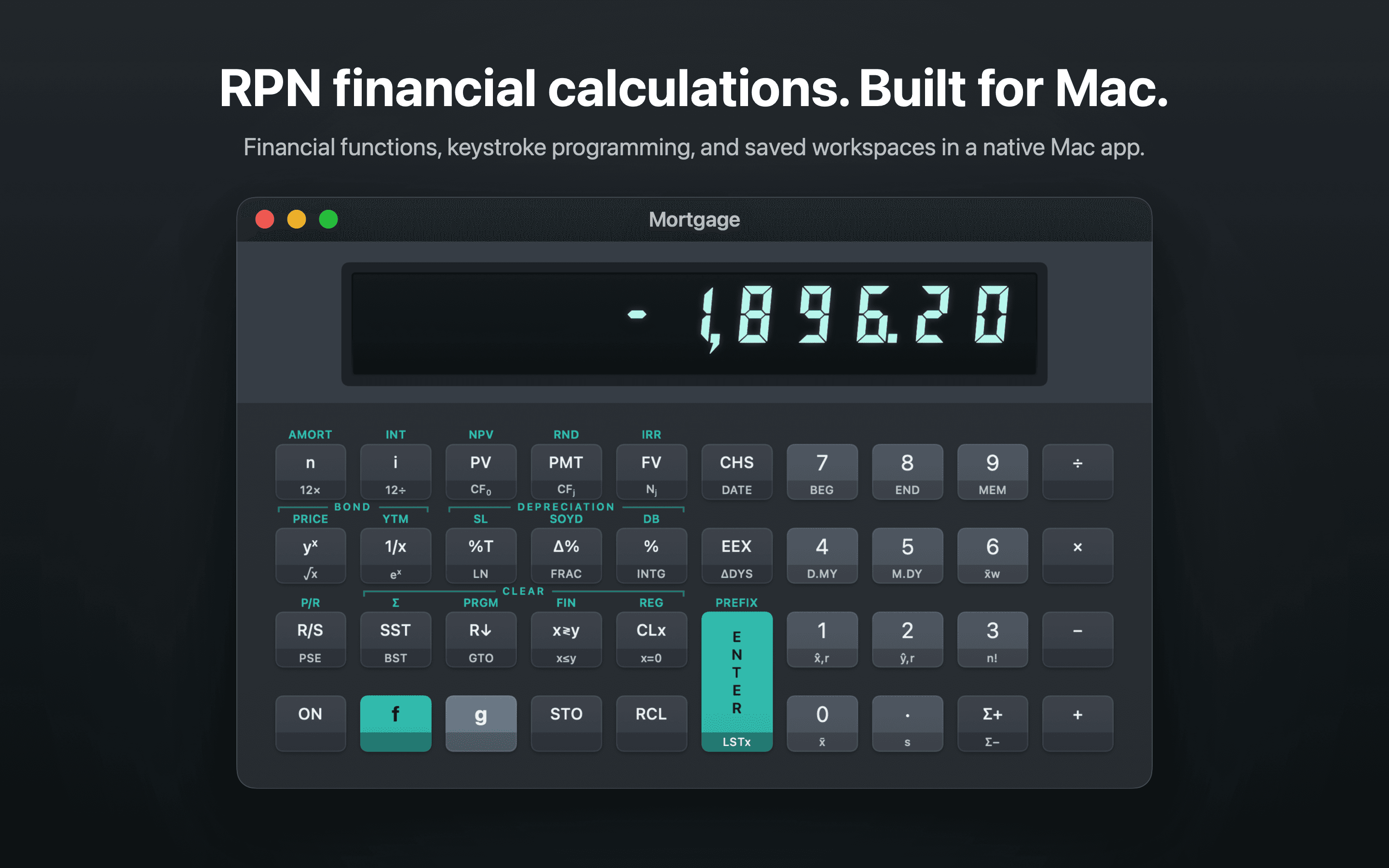 FinaCalc on macOS with a dark display showing teal digits above a slate keypad with teal and gray shift keys.