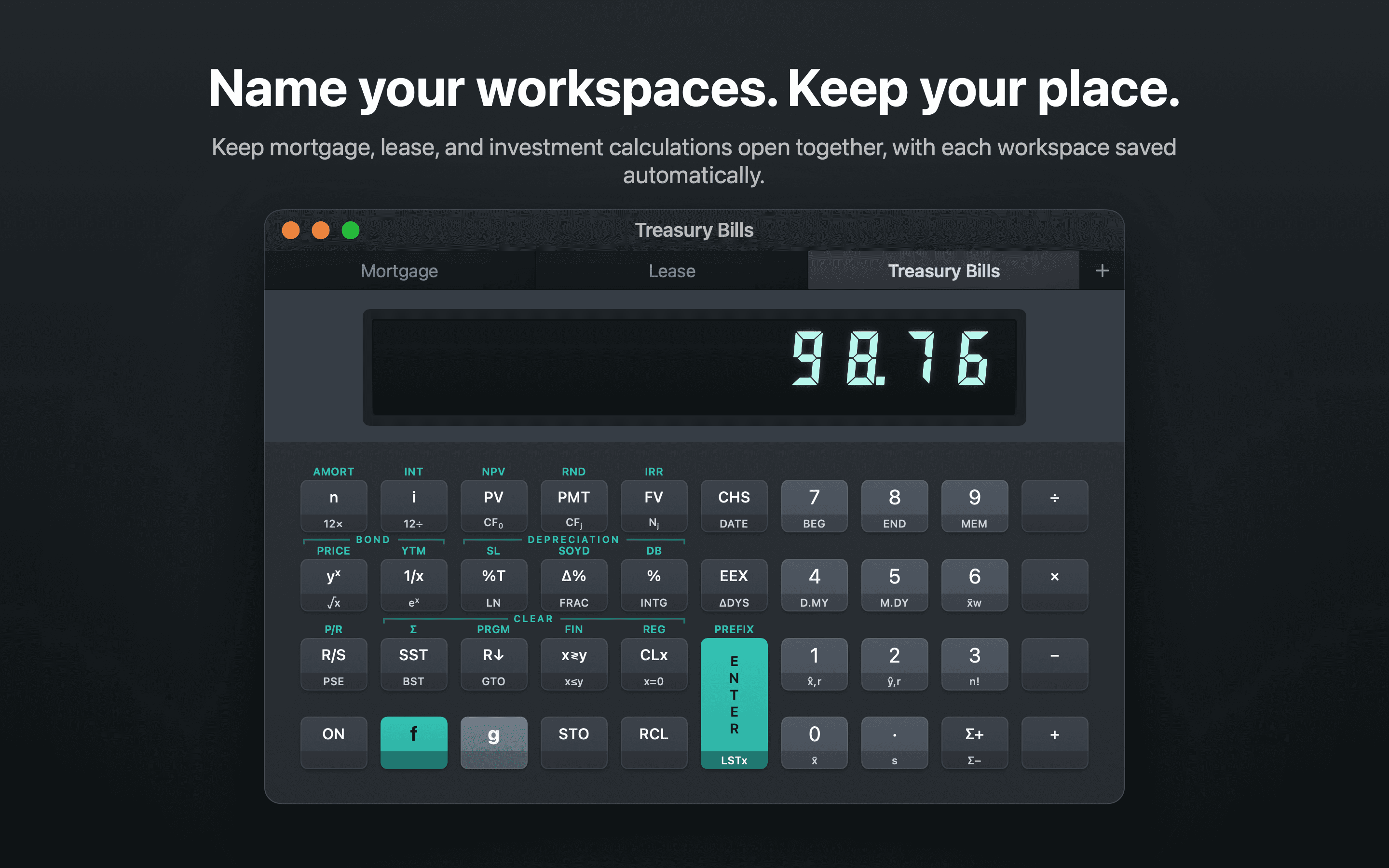 FinaCalc window with workspace tabs named Mortgage, Lease, and Treasury Bills.