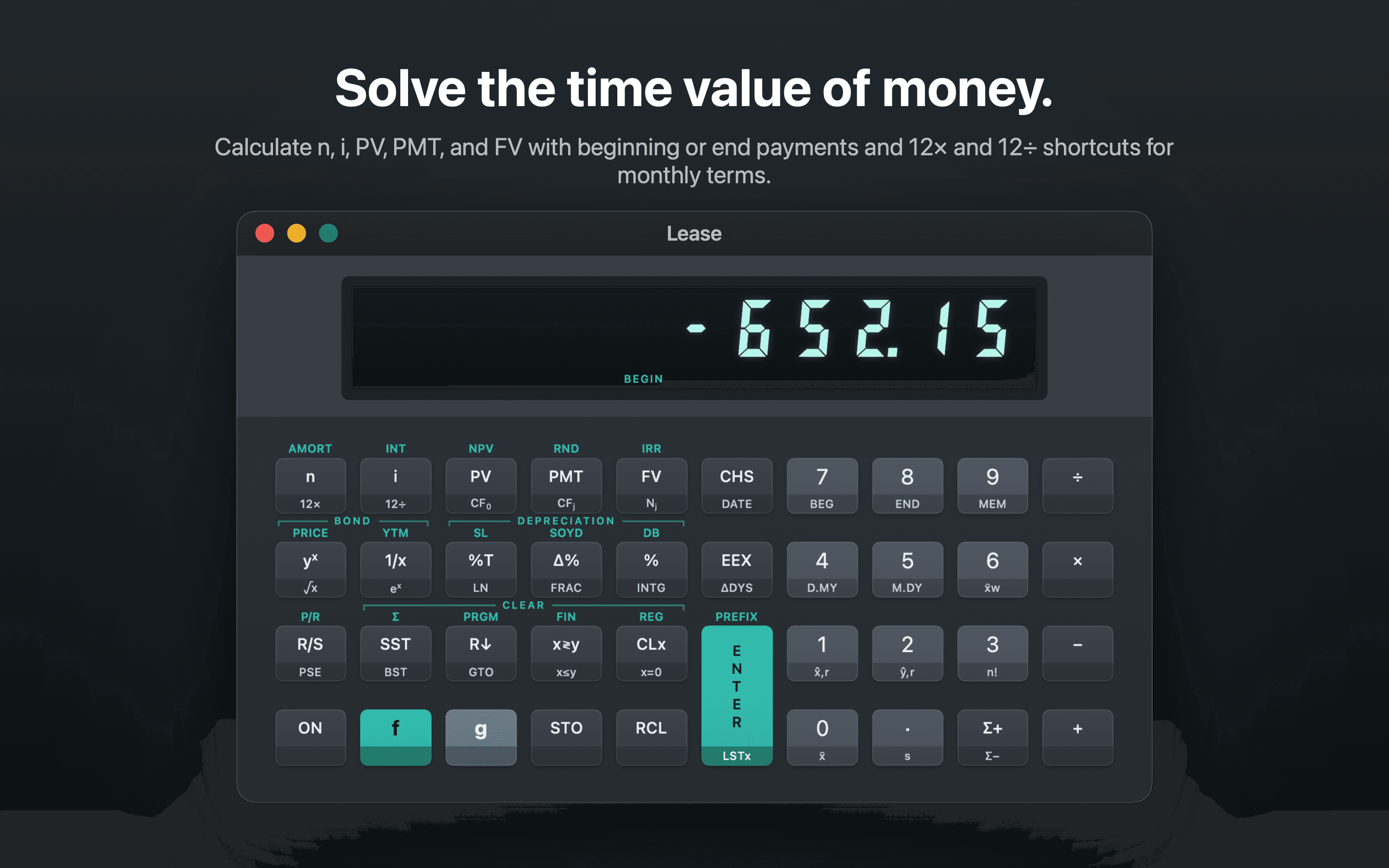 FinaCalc showing the monthly payment for a lease calculated with time value of money keys.