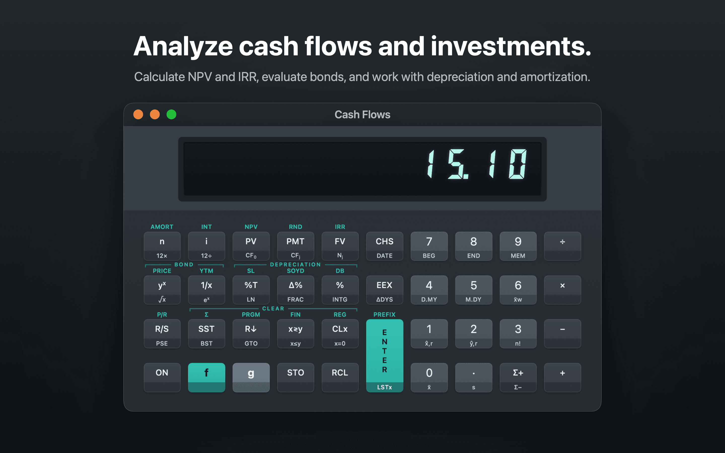 FinaCalc showing the internal rate of return for a series of cash flows.