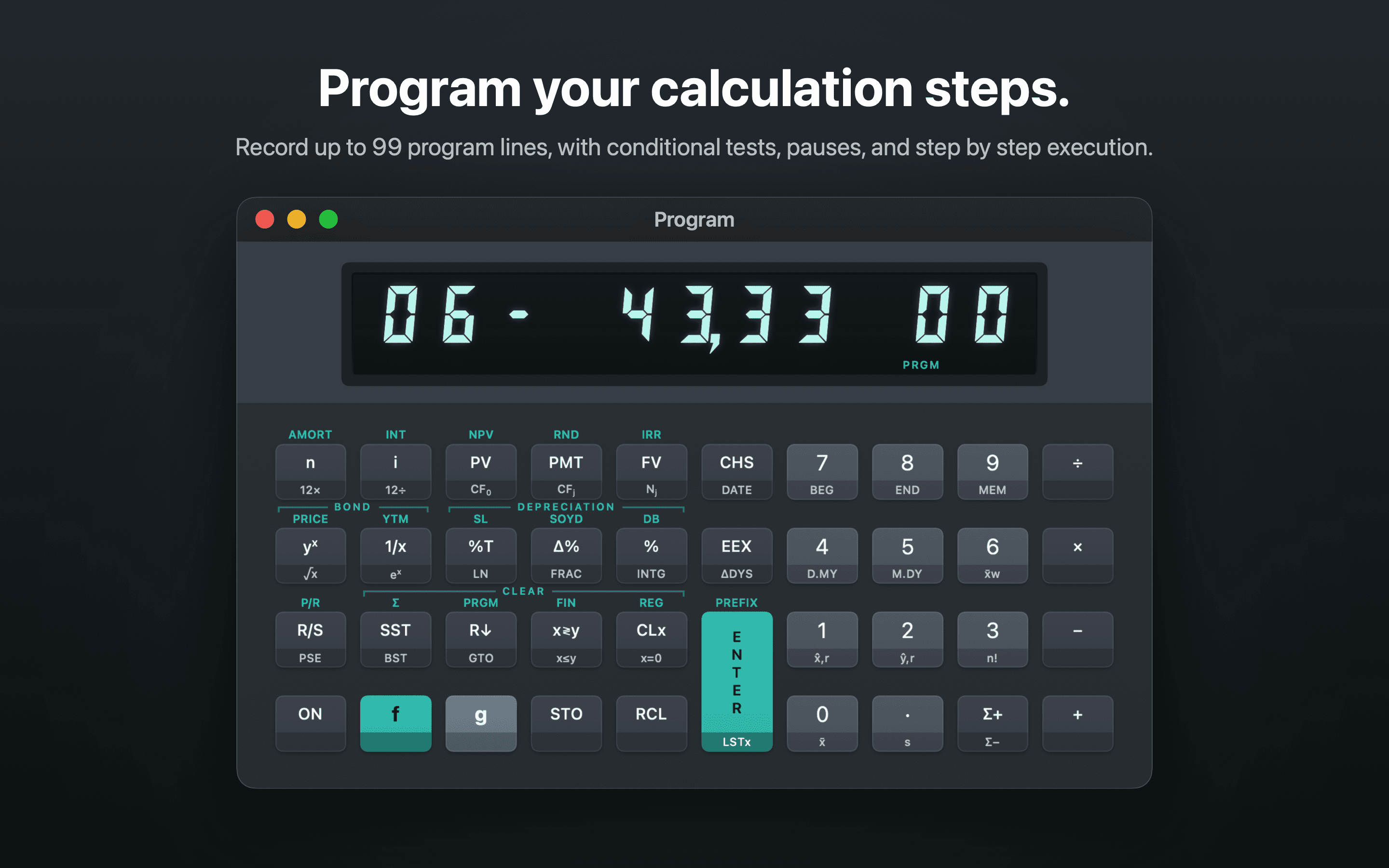 FinaCalc in program mode showing a recorded program line.