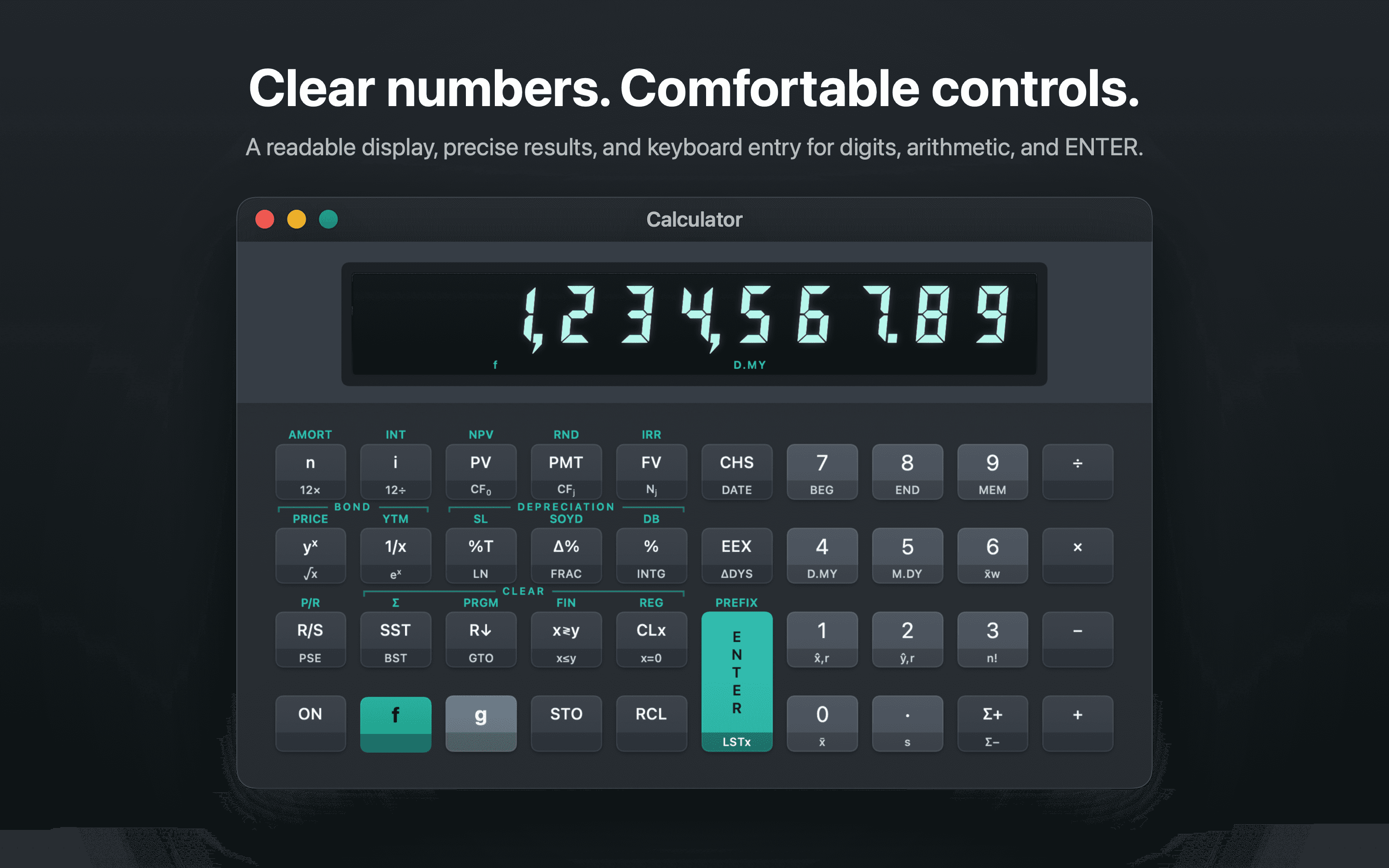 Close view of the FinaCalc display, slate keys, and teal function labels.